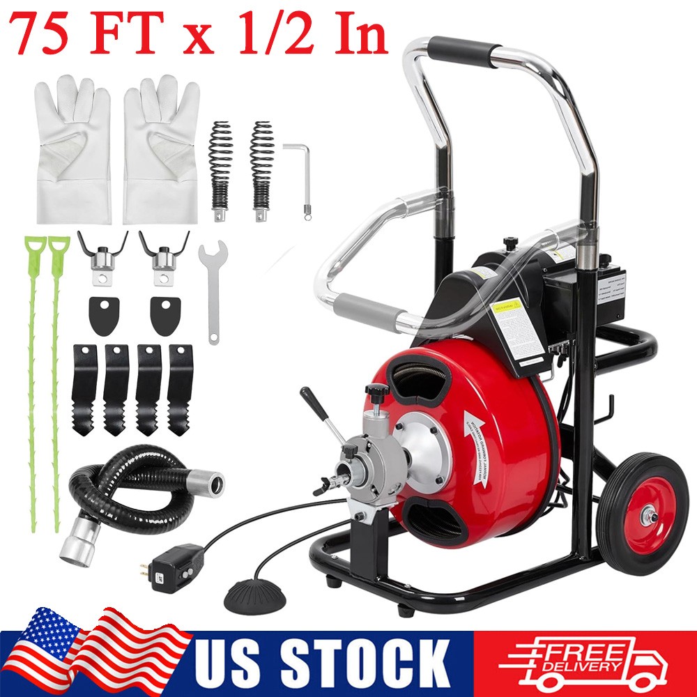 75 Ft x 1/2 Inch Drain Cleaner Machine Sewer Snake Auger w/ 8&Prime; Wheels & Cutters
