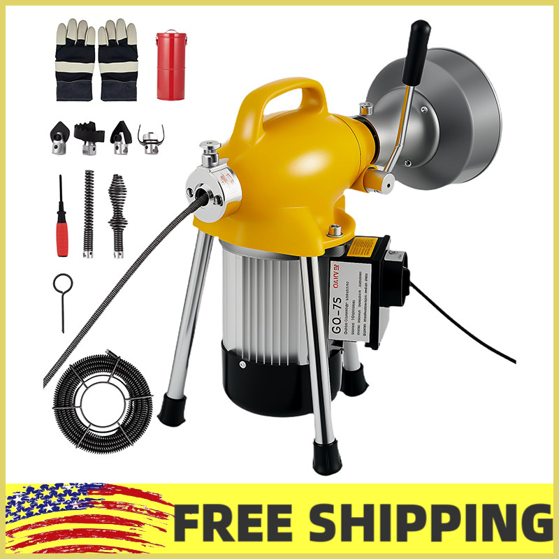 500W Auto-Feed Sewer Snake Auger- Drain Cleaning Machine W/6 Cutters&Steel Cable