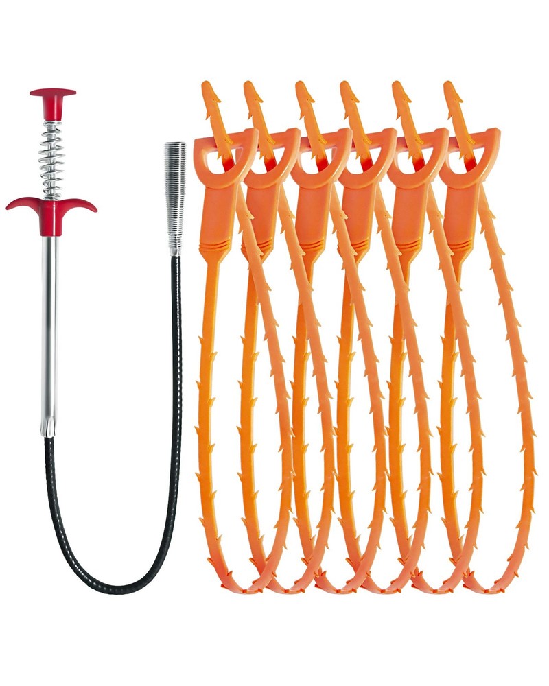 Sink Drain Clog Remover 7pc Hair Snake Tool Kit Flexible Plumbing Cleaner Set