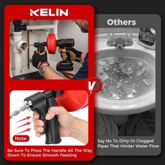 6-in-1 Drain Auger Kit, 33FT Plumbing Snake with Drill Adapter, Hair Remover & T