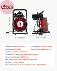 Drain Cleaner Machine 75 FT X 1/2 Inch, Sewer Snake Auger Manual Feed with 4 Cut