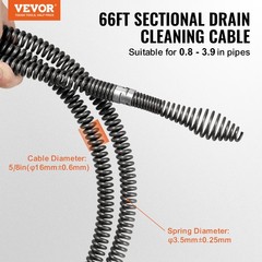 VEVOR Sectional Drain Cleaning Cable 66FTx5/8In & 7 Cutters for 0.8&Prime;-3.9&Prime; Pipes