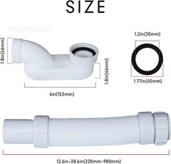 Bathtub Shower Drain Pipe, Low Profile Flat 1 1/2 P Trap Kit, Flexible White