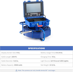 Self-Leveling Sewer Camera, Sewer Inspection Camera with 230 Ft. Cable & Digital