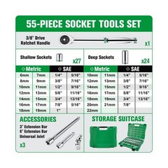 SK 3/8&Prime; Drive Socket Set with 216-P Ratchet, 55-Piece, SAE & Metric, SuperKro&hellip;