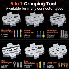 Crimping Tool Kit with 6 Interchangeable Jaws, Adjustable Ratchet Crimper with P
