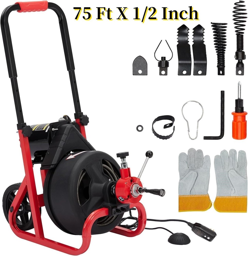 Drain Cleaner Machine 75 Ft X 1/2 Inch Sewer Snake Drill Drain Auger Cleaner