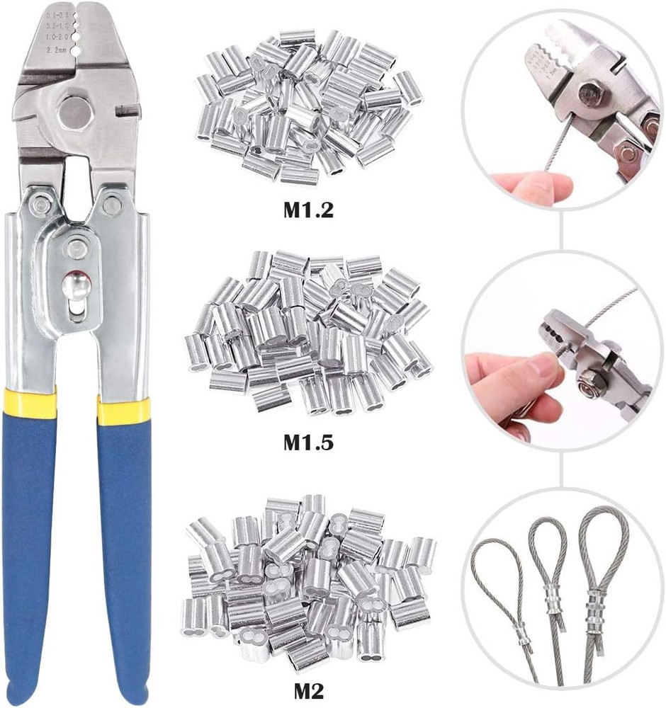 Up to 2.2mm Wire Rope Crimping Tool with 150Pcs 3 Size Aluminum Double Barrel Fe
