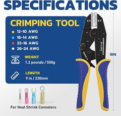 Ratchet Wire Terminal Crimper Tool for Heat Shrink Connectors AWG 26-10, HS-8327