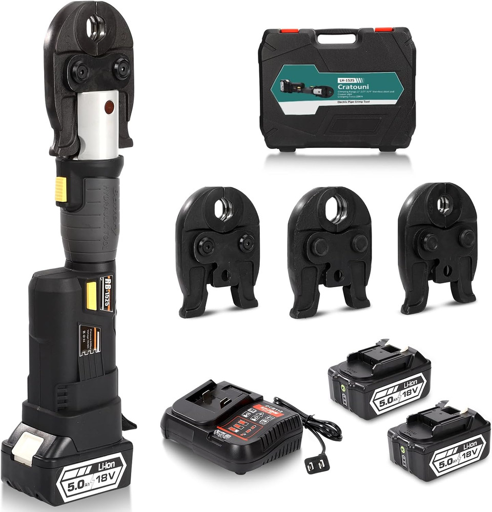 Pro Press Tool, 18V Electric Crimping Tool with 3 Jaws | 1/2&Prime; 3/4&Prime; 1&Prime; US Standar