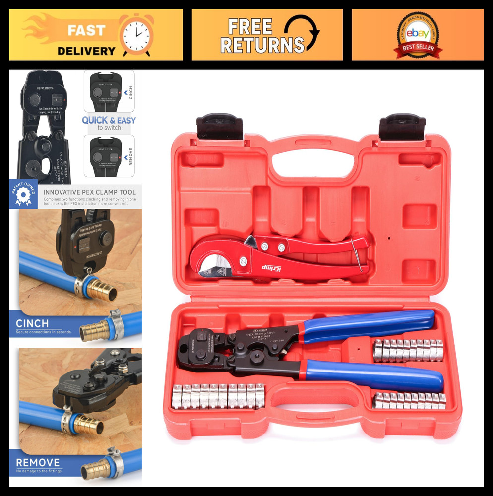 PEX Cinch Tool with Ratchet & Removal Function, 20PCS 1/2&Prime;, 10PCS 3/4&Prime; Clamps, P