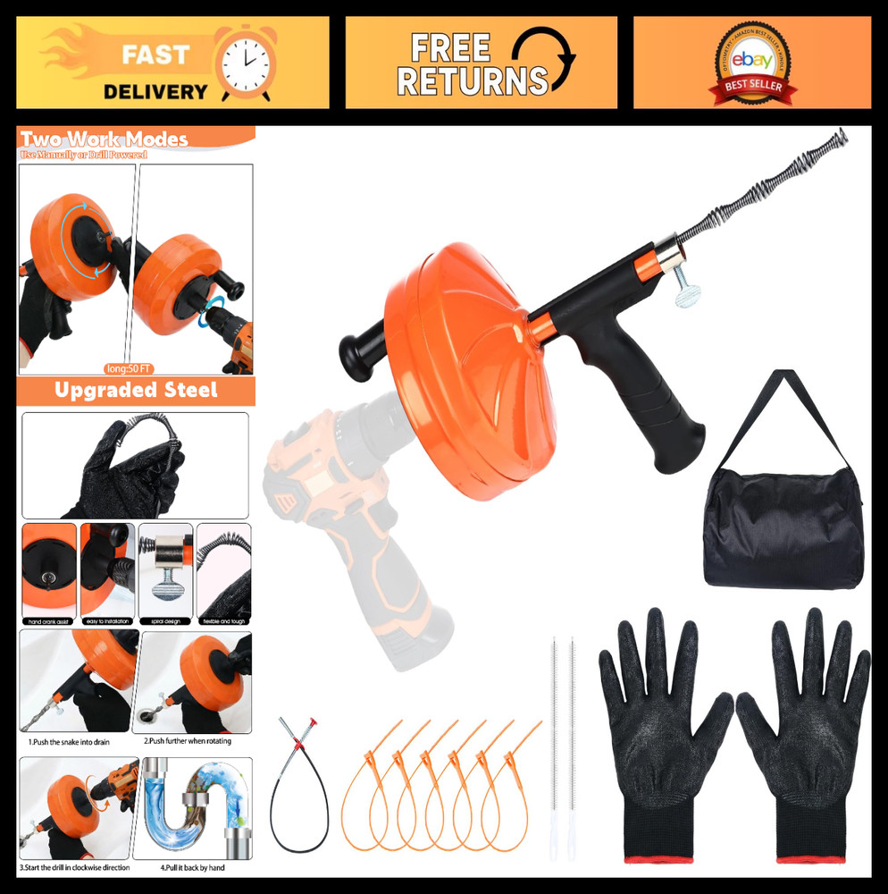 50 Ft Drain Auger Snake &ndash; Manual or Drill Powered, Heavy Duty Plumbing Tool, Glo