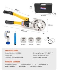 Copper PEX Press Crimping Tool Kit 1/2 3/4 1-In 360-Deg W/ Sleeves Pipe Cutter