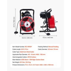 Uimoso Drain Cleaning Machine 50FT x 1/2Inch Manual Feed Snake with 4 Cutters