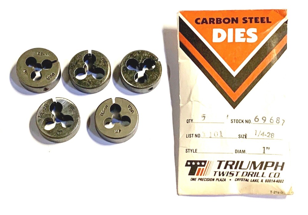 Triumph 1/4-28 Round Die 1&Prime; Self Adjusting Carbon Steel Die 5 Pack USA Made