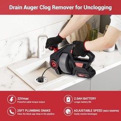 22V Cordless Pipe Drain Auger 25FT Cable Variable Speed for Sink Tub & Toilet