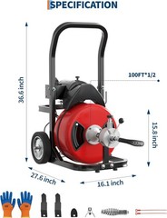 100FT 1/2in Drain Auger 370W Steel Core Cable with Foot Switch for Sewer Clogs