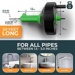50 FT Auto Feed Drain Snake &ndash; Plumbing Snake for Sink & Drain Unblocking
