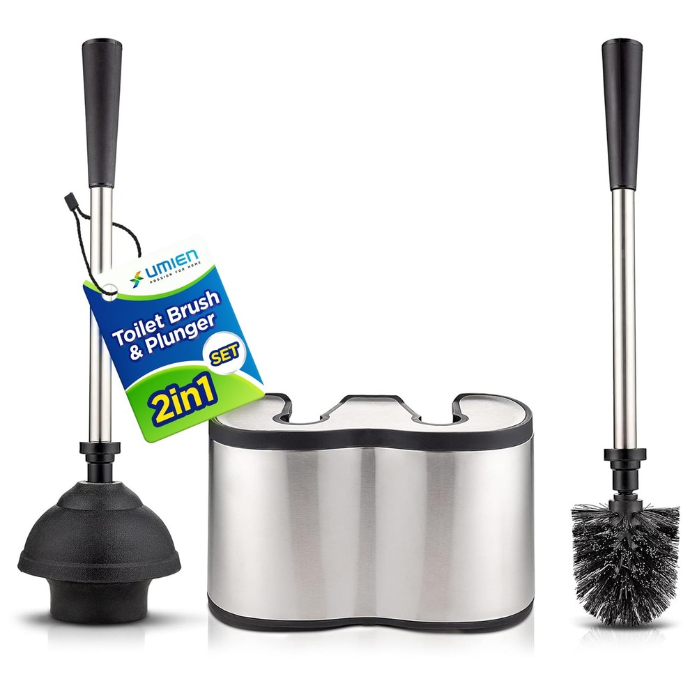 UMIEN Toilet Brush and Plunger Set 18-in &ndash; Updated 2025 1 pack, Satin Nickel
